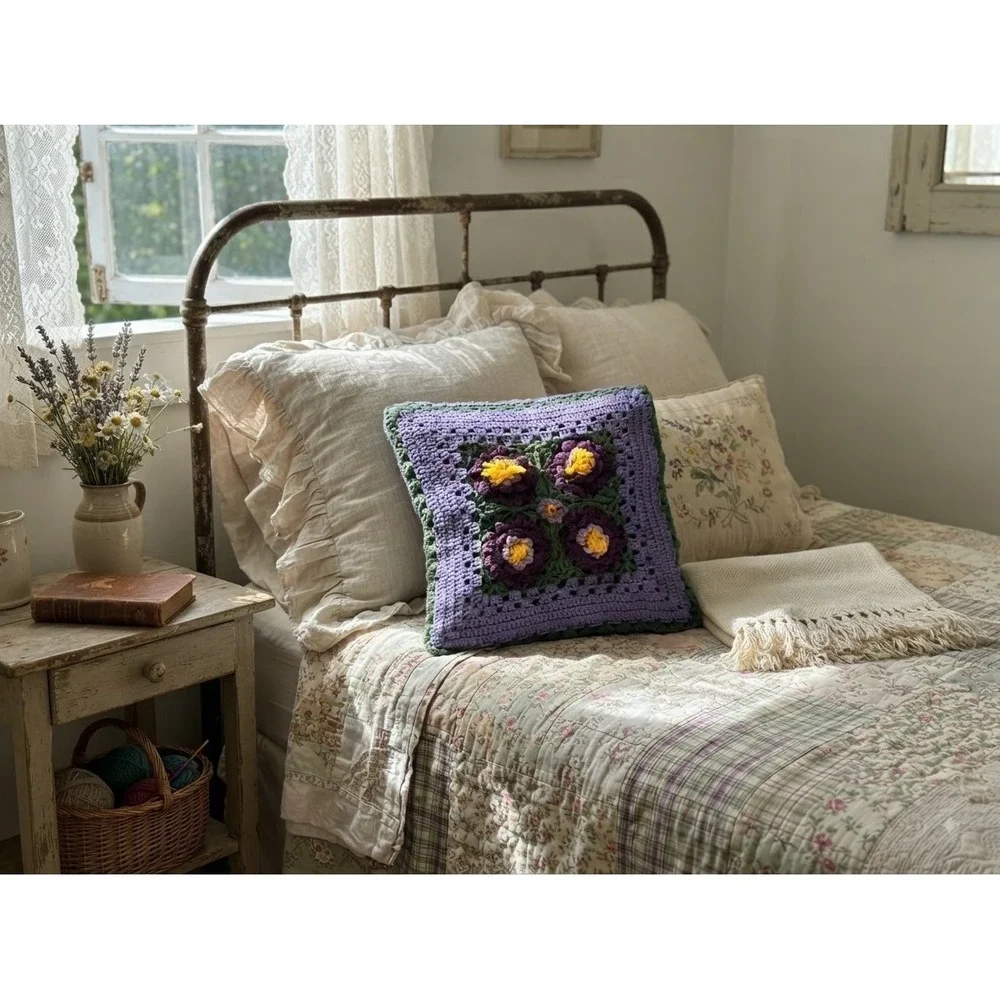 Handmade Crochet Floral Pillow Cover Purple Green Cottagecore Botanical 14x14